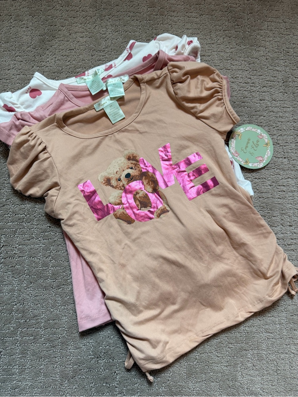 Beige Puff-Sleeve Tee with Pink 'LOVE' Bear Graphic